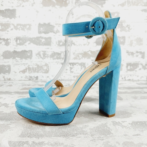 NEW L' Agence Cecile Ankle Buckle High Heel Platform Blue Suede Sandals W712